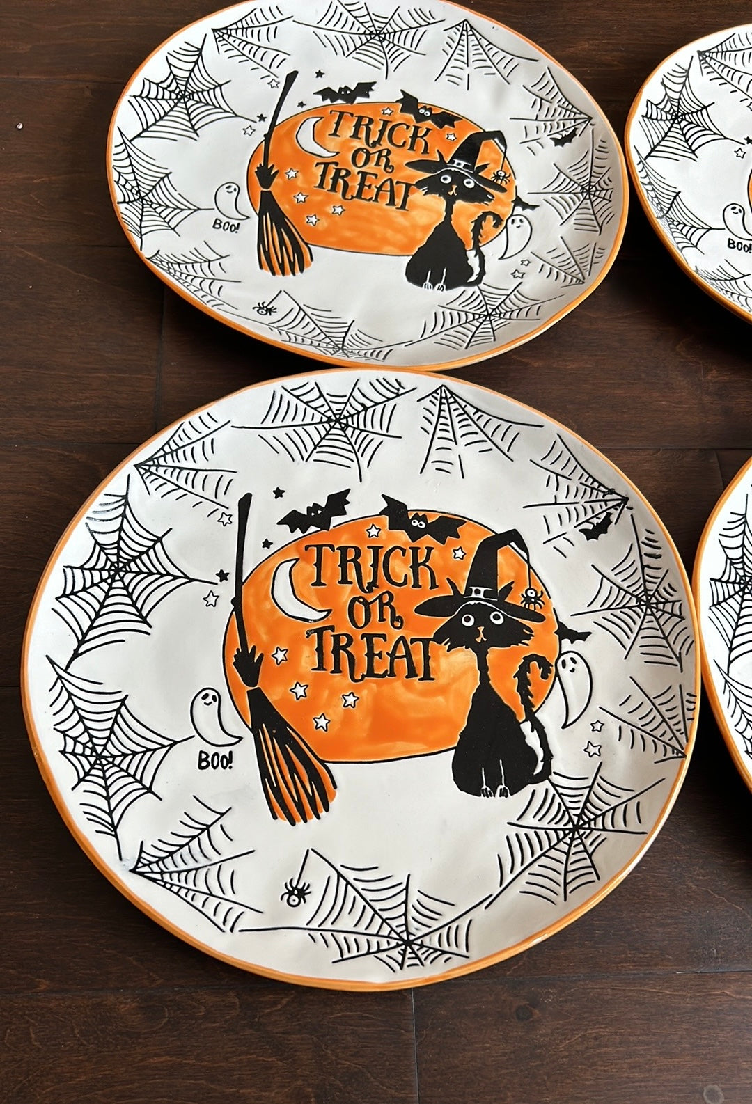 Eli & Ana Set Of Halloween Dinner Plates New Black Cat Witch Hat Spiderweb 11”