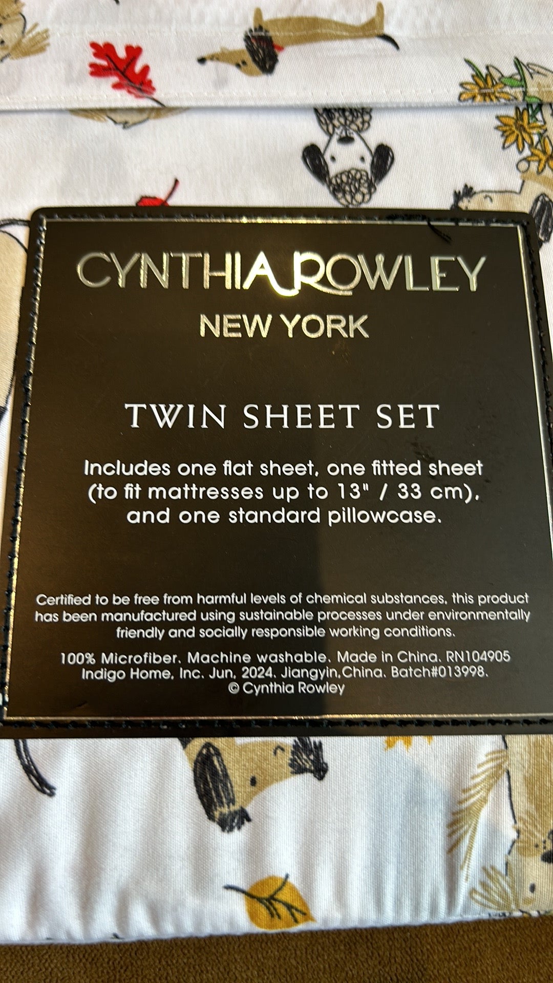 CYNTHIA ROWLEY Twin Sheet Set Dogs Fall Leaves Microfiber
