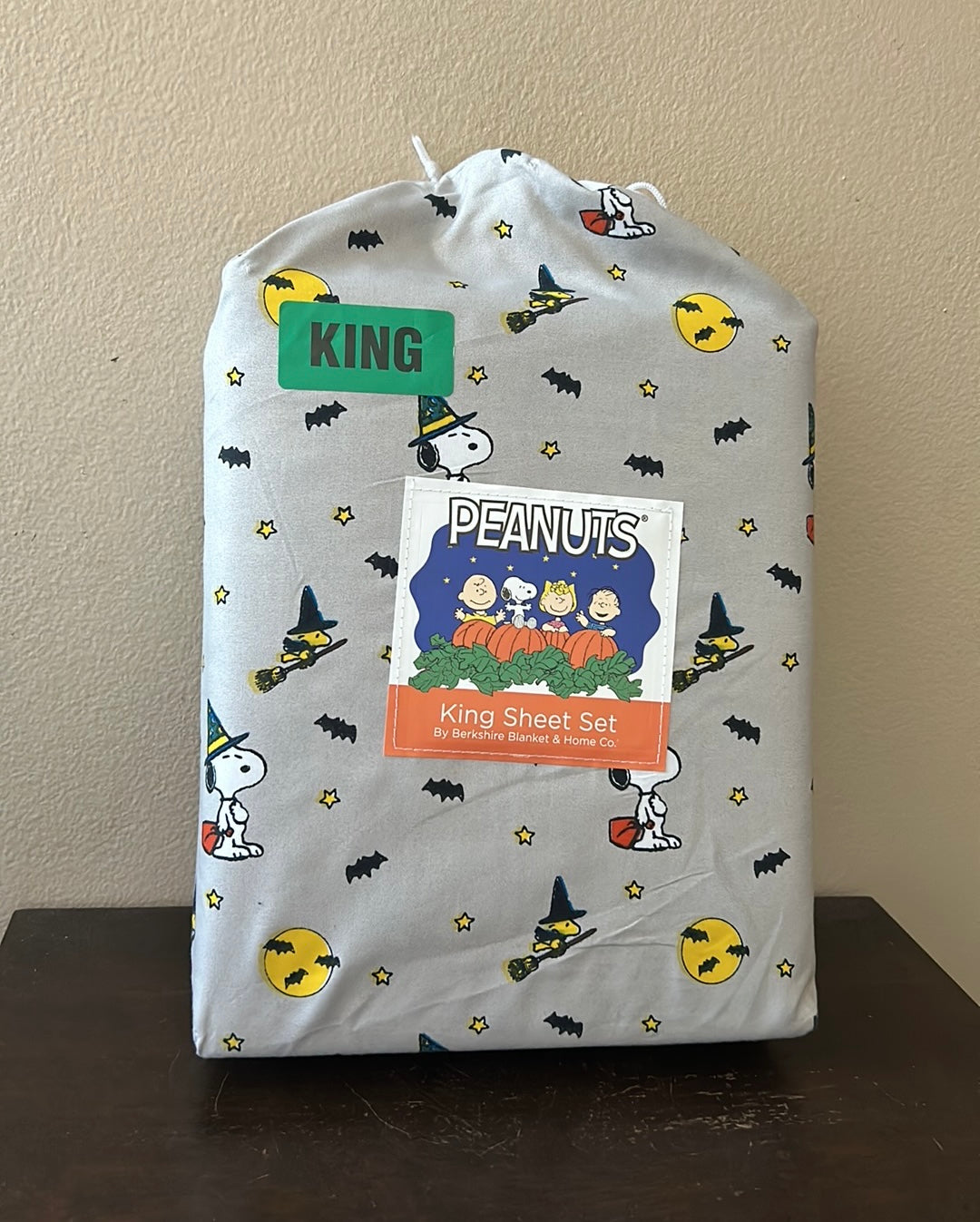 New Peanuts Snoopy Spooky Halloween King Sheet Set Pumpkin Gray Bats Moon