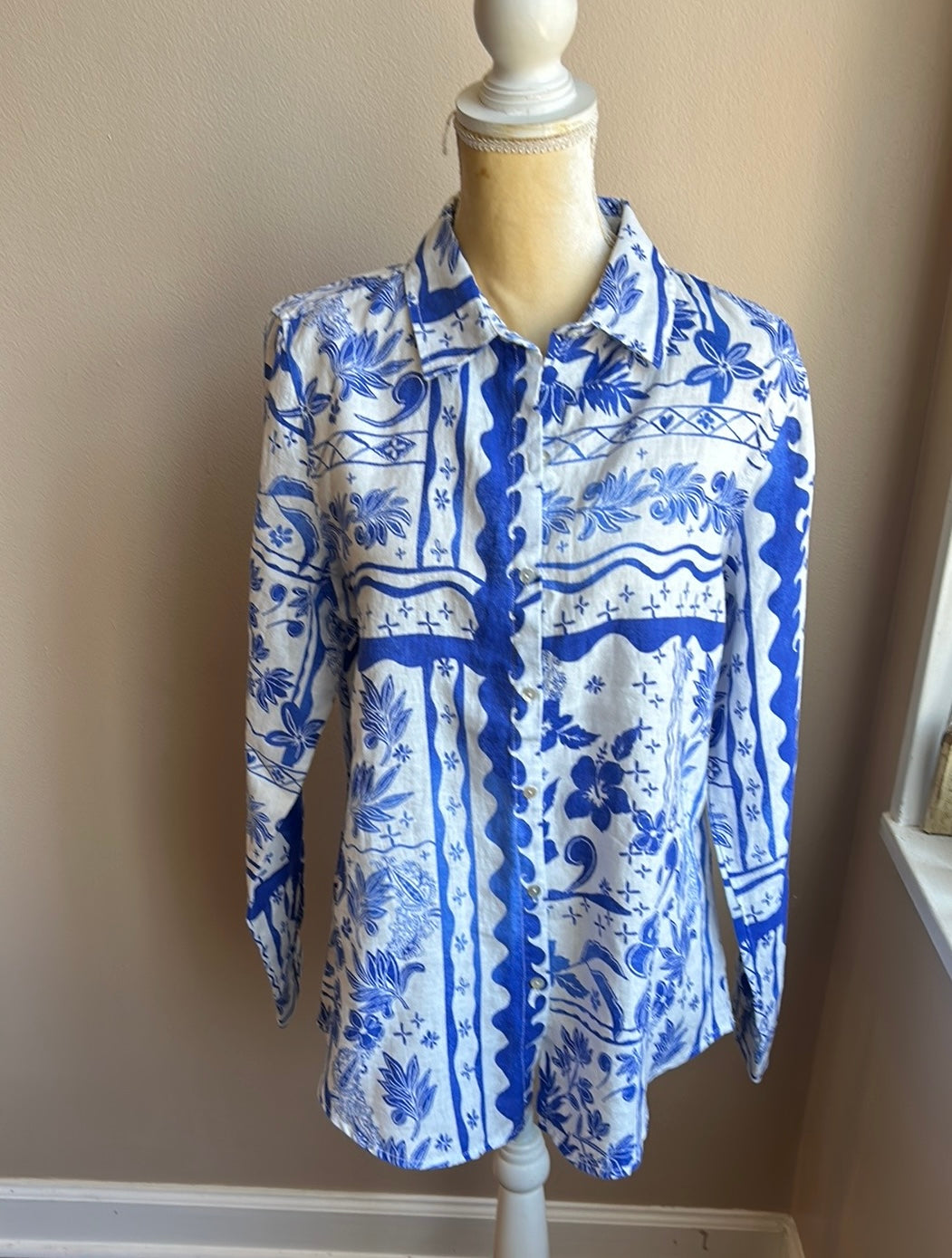 Joie Womens Linen Shirt Top Blue White Tropical New Floral