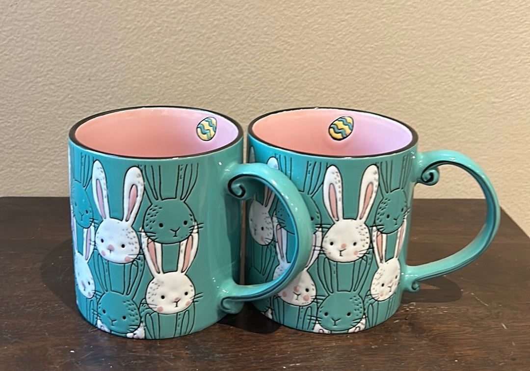 Eli & Ana Set of 2 Coffee Mugs Easter Bunny Teal Pink Ceramic New
