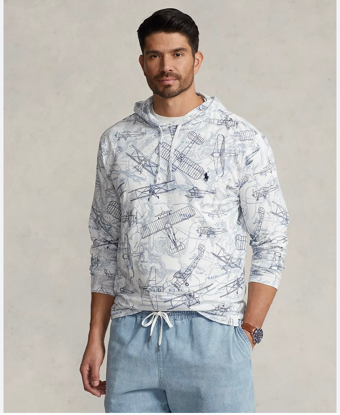 Polo Ralph Lauren Mens Aviation Hoodie Sz L Blue White Airplanes