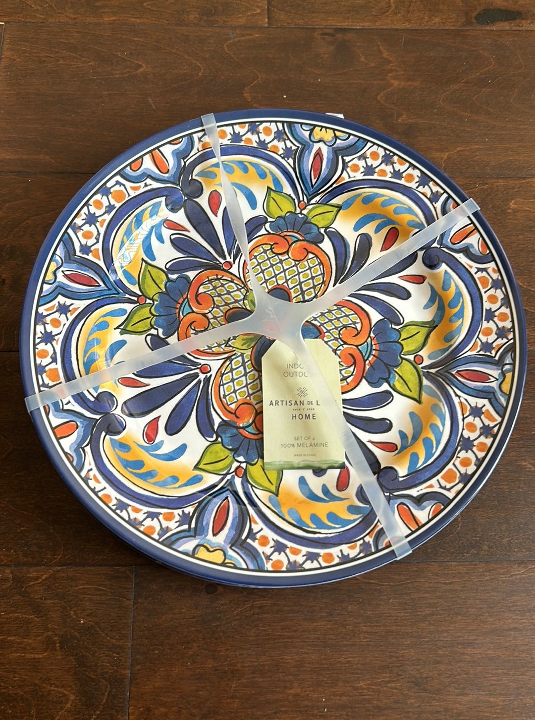 Artisan De Luxe set of 4 Melamine Spanish Tile Dinner Plates Round Multicolor