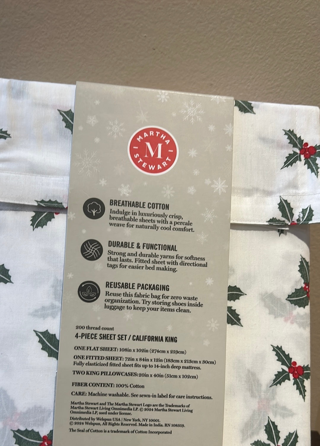 Martha Stewart Cal King Sheet set Christmas Holly Berry New Cotton Percale