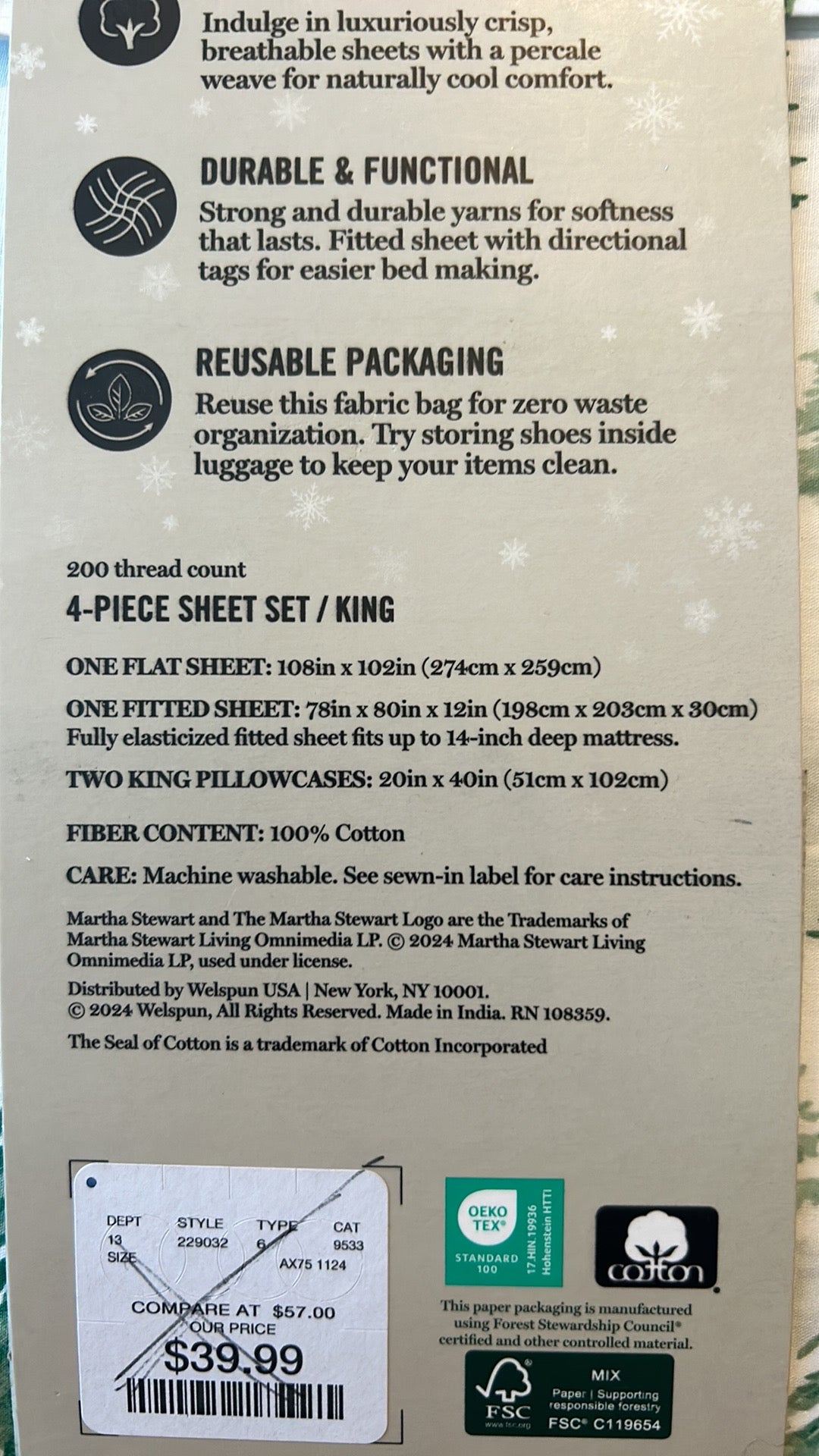 Martha Stewart Christmas Evergreen Trees King Sheet Set 4pc 200Thread Count