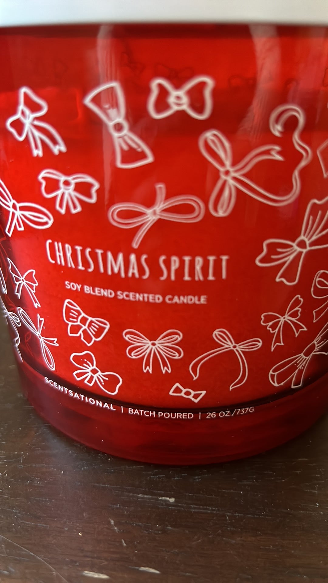 Scentsational Christmas Spirit Candle Bow Print Red Glass Jar 26 Oz Soy Wax