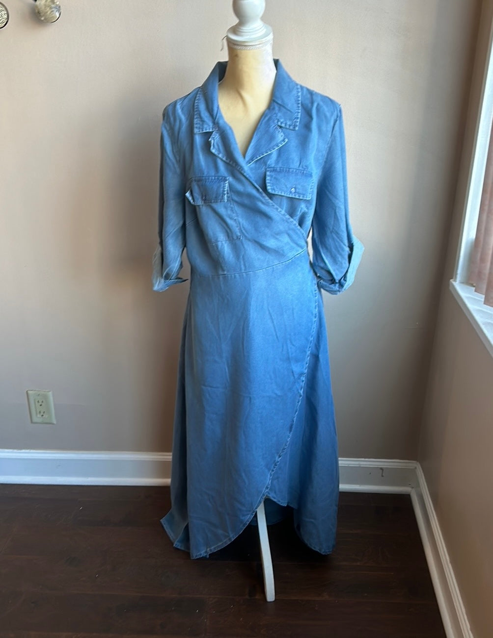 New Womens Plus Sz 2X Stone Washed Wrap Maxi Denim Dress Rolled Cuff Sleeve