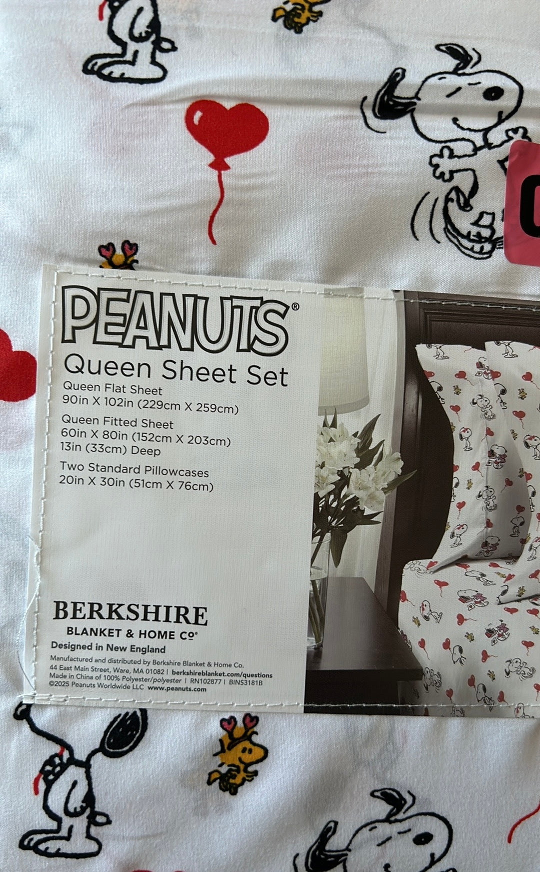 Snoopy Queen Sheet Set Valentines Day Red Heart Balloons New Love Red Sunglasse