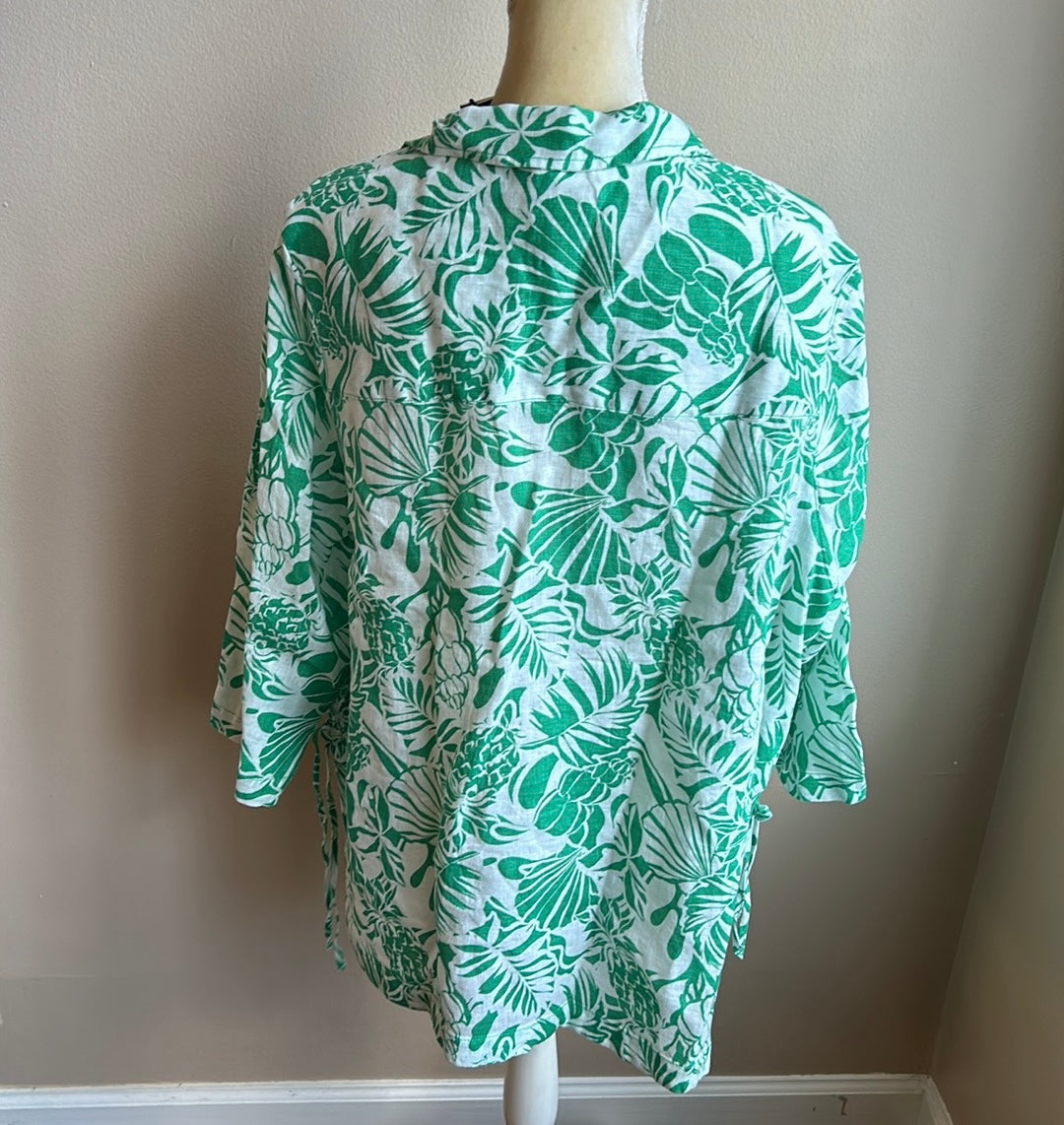 Nicole Miller Women Plu Linen Blouse Top Sleeve Leaf Print Nwt