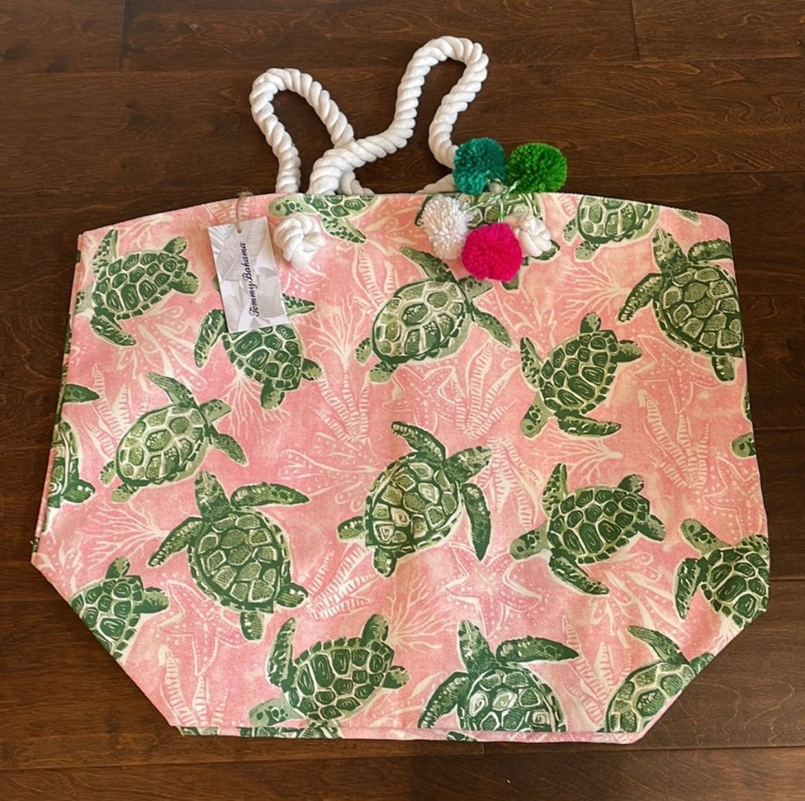 Tommy bahama Sea Turtle Print Beach bag NWT Canvas Pink Green