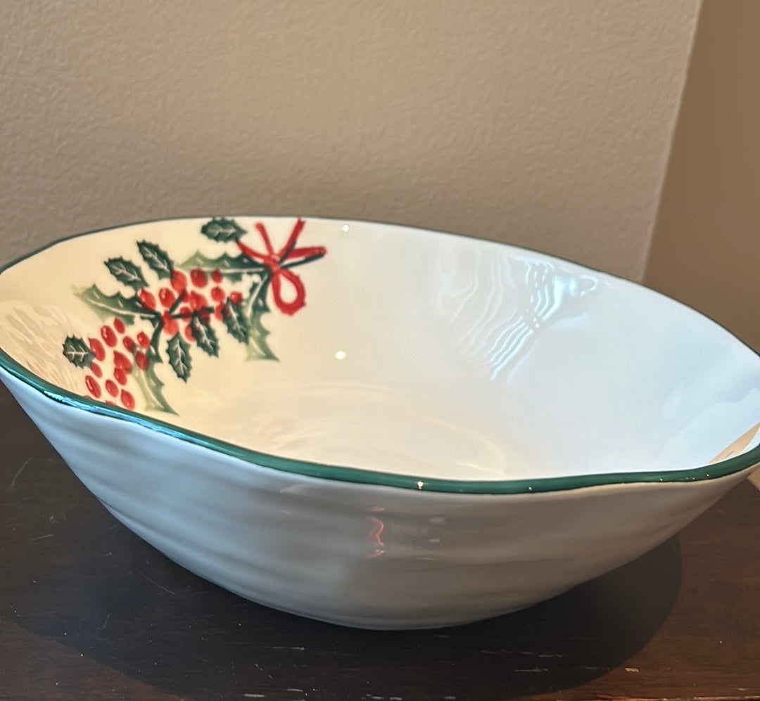 Farval New Serving Bowl Christmas Holly Berry 11.5” Diam Ceramic