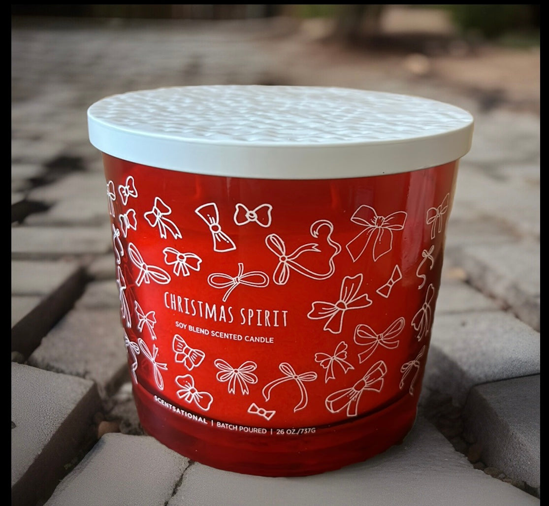 Scentsational Christmas Spirit Candle Bow Print Red Glass Jar 26 Oz Soy Wax