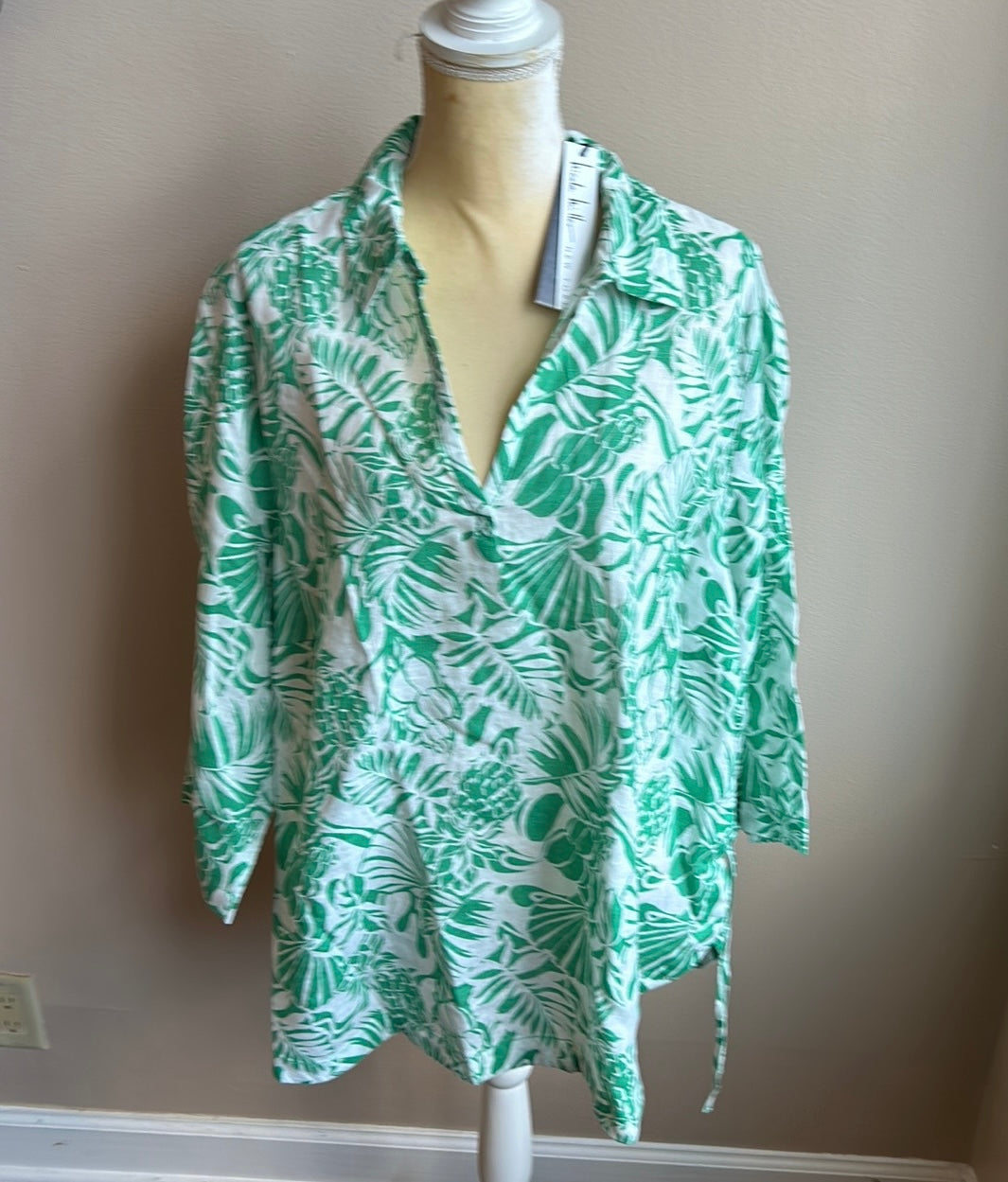Nicole Miller Women Plu Linen Blouse Top Sleeve Leaf Print Nwt