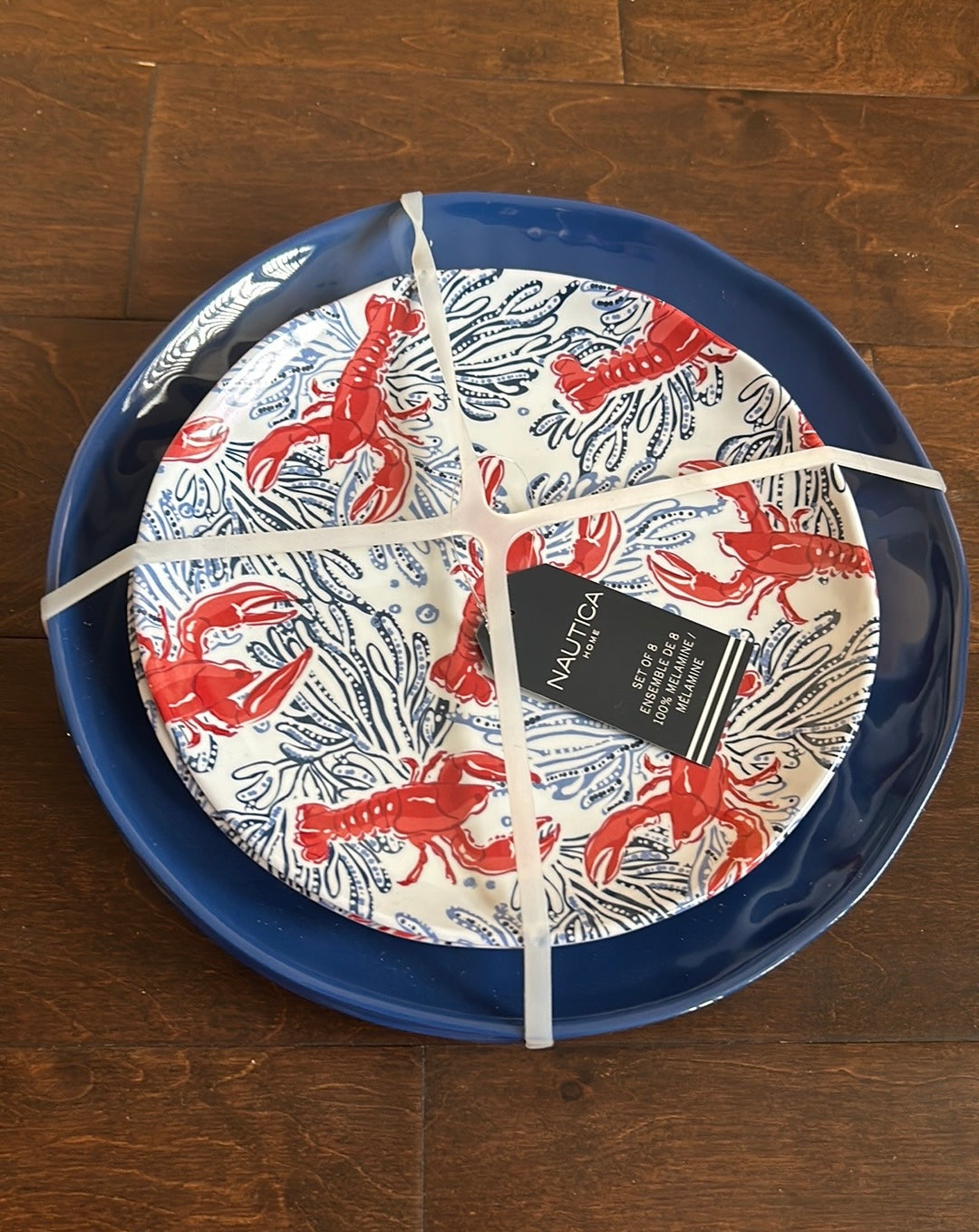 Nautica 4 DINNER & 4 Salad Plates Lobster NEW Melamine Nautical Red White Blue