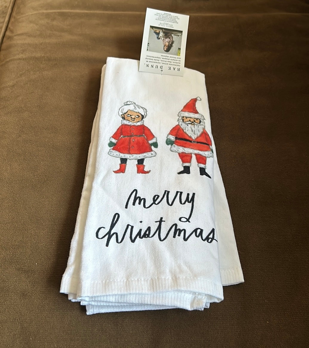 Rae Dunn Merry Christmas Mr & Mrs Claus Kitchen Towels Set of 2 Cotton