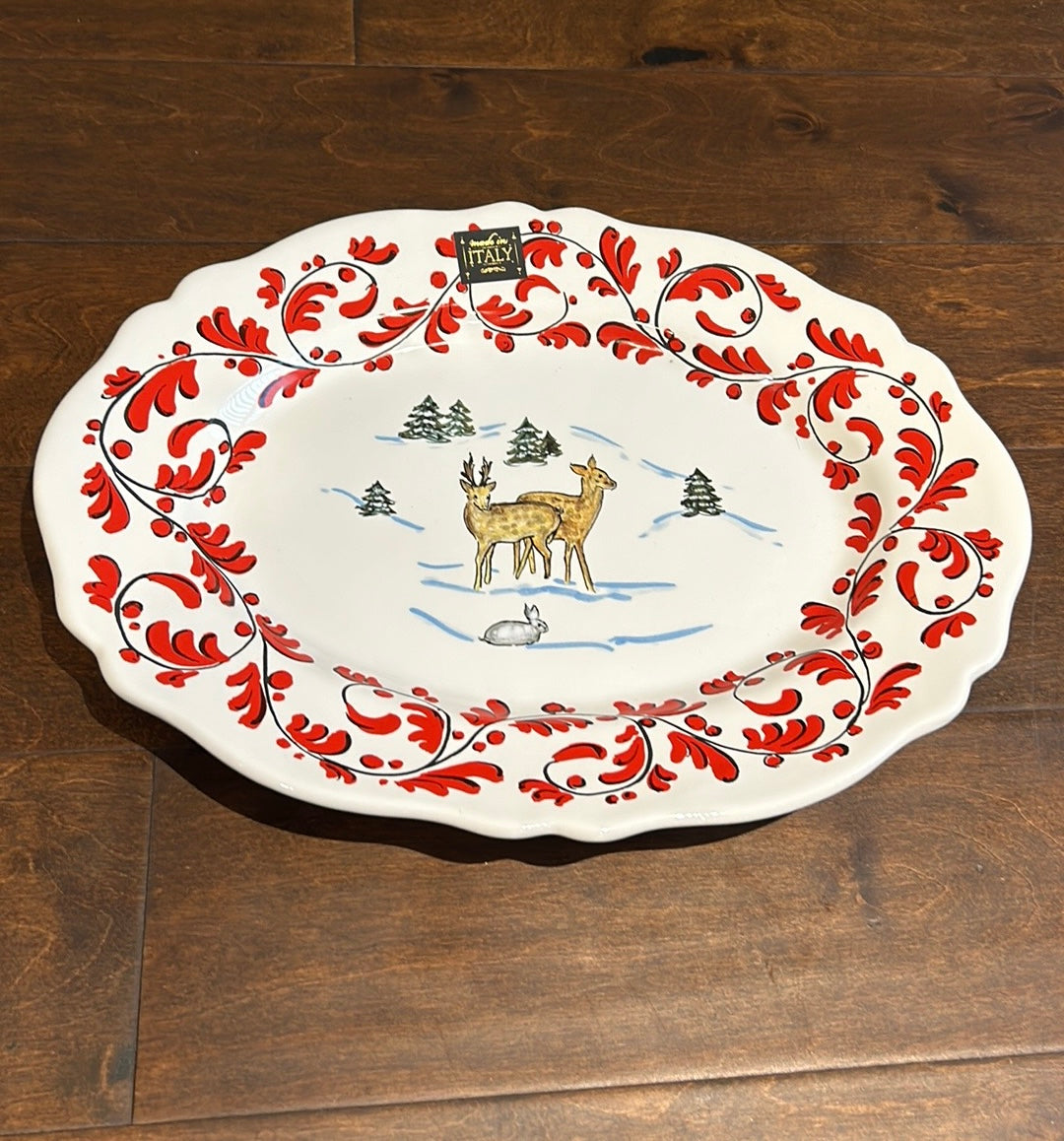 Nova Deruta Christmas Platter Oval New Reindeer Evergreen Trees Made In Italy