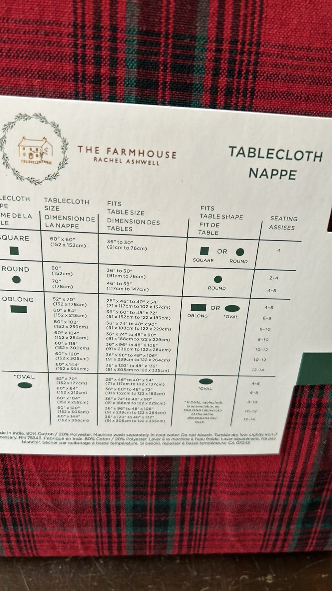 The Farmhouse Rachel Ashwell Christmas Tablecloth Plaid 60”x118” Oblong Red