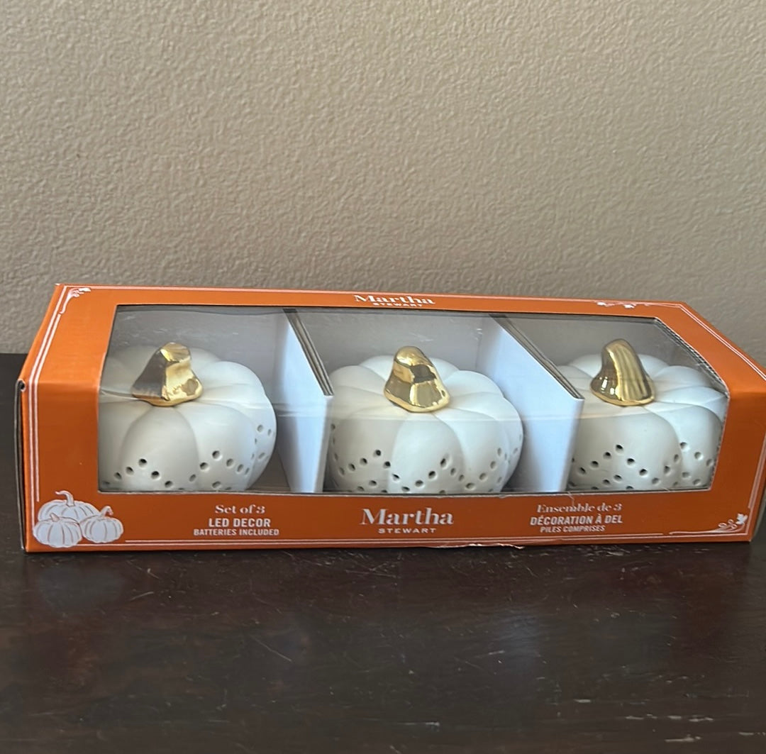 Martha Stewart Light Up LED Pumpkins Ceramic Set OF 3 Fall Decor 4” NEW