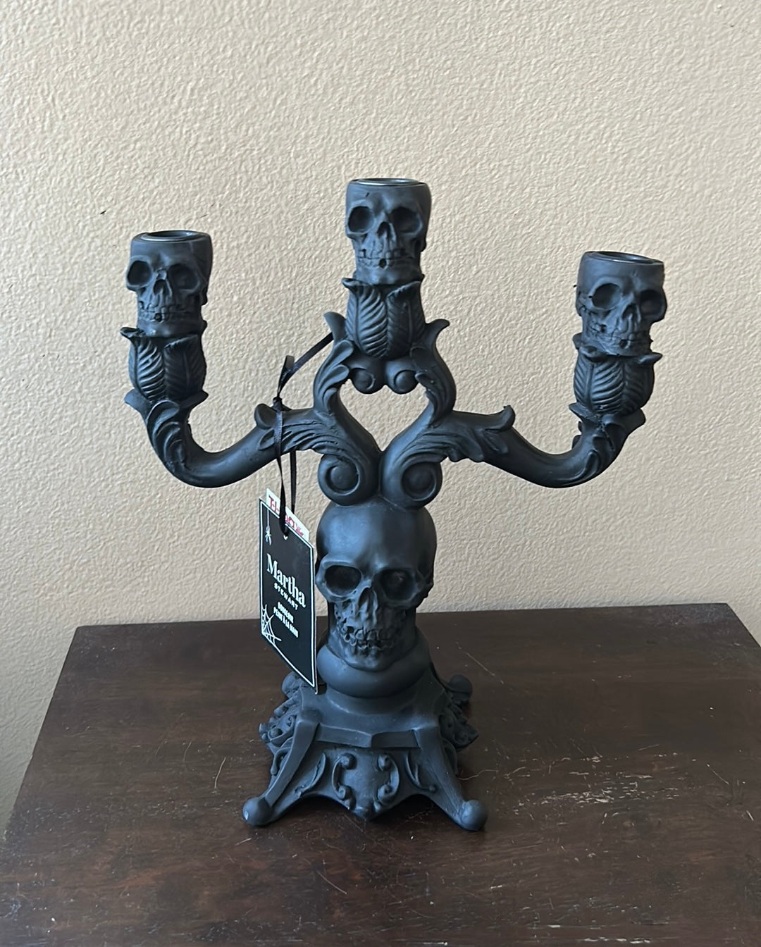 Martha Stewart Halloween Skull Candelabra Silvertone 3 Arm Taper Candle Holder