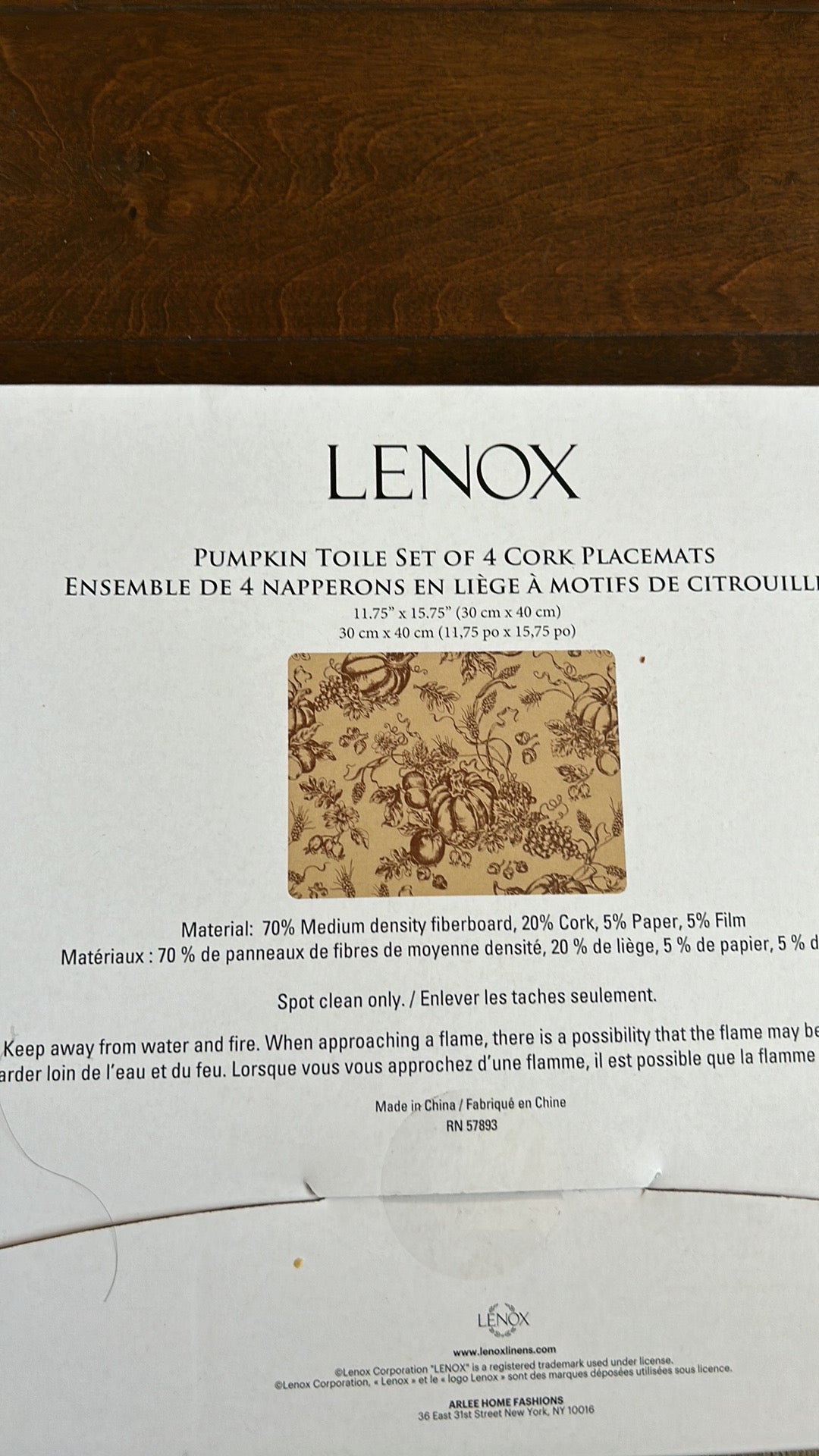 Lenox Set Of 4 Placemats Pumpkin Vine Toile Cork New Fall Thanksgiving