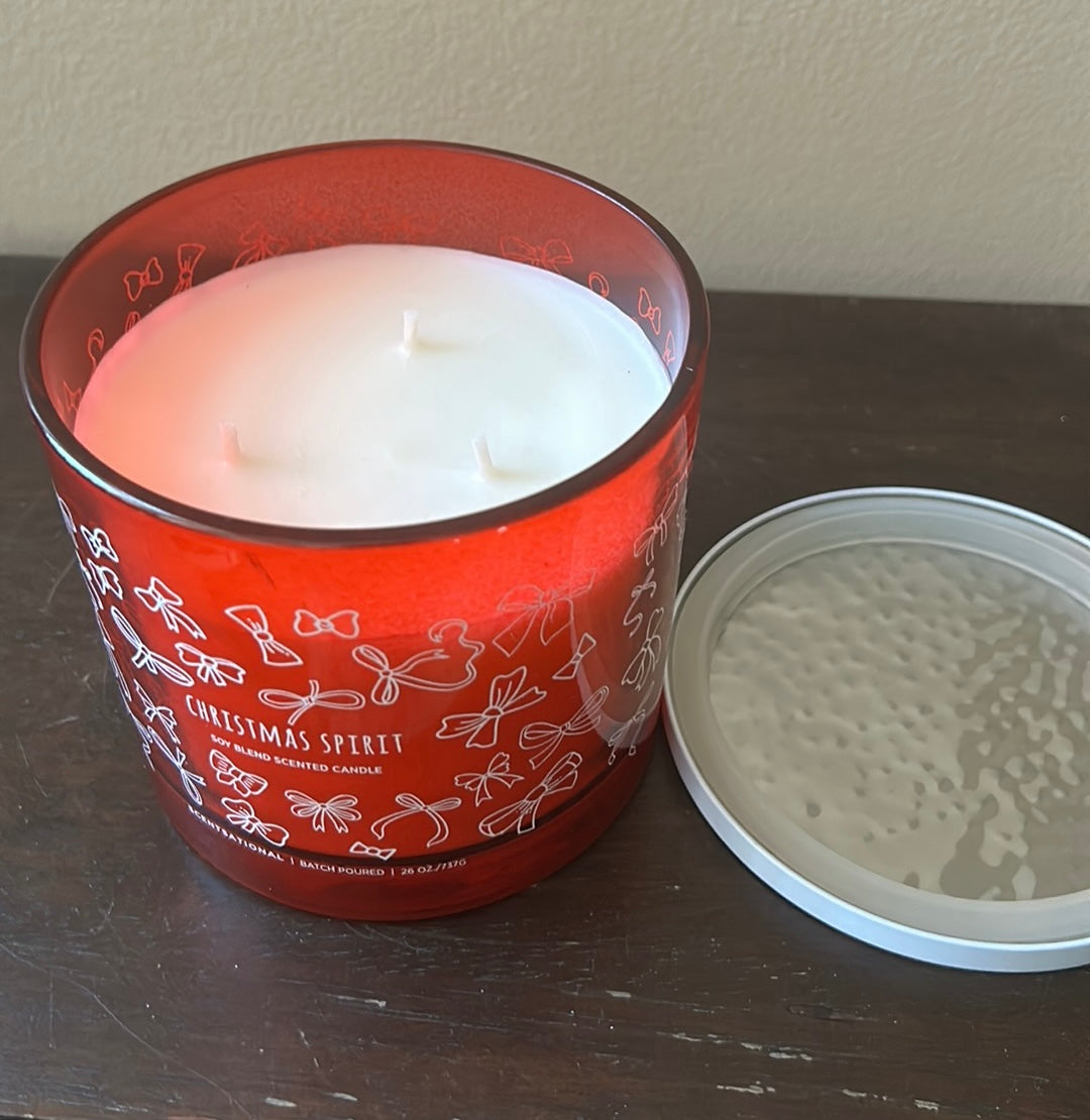 Scentsational Christmas Spirit Candle Bow Print Red Glass Jar 26 Oz Soy Wax