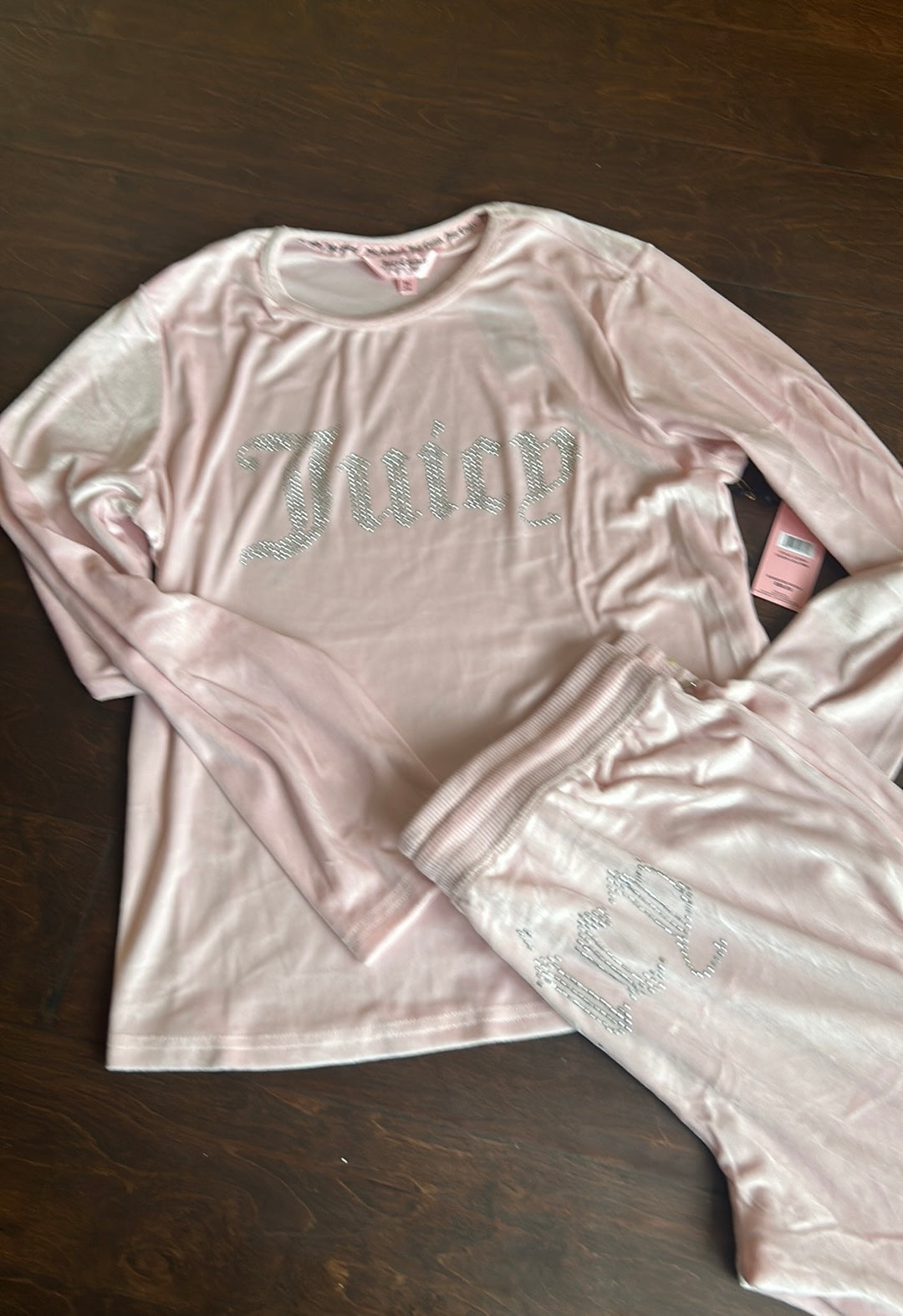 Juicy Couture Pj Set Women’s Sz XL Pink Rhinestones Logo Front & Back New Velvet