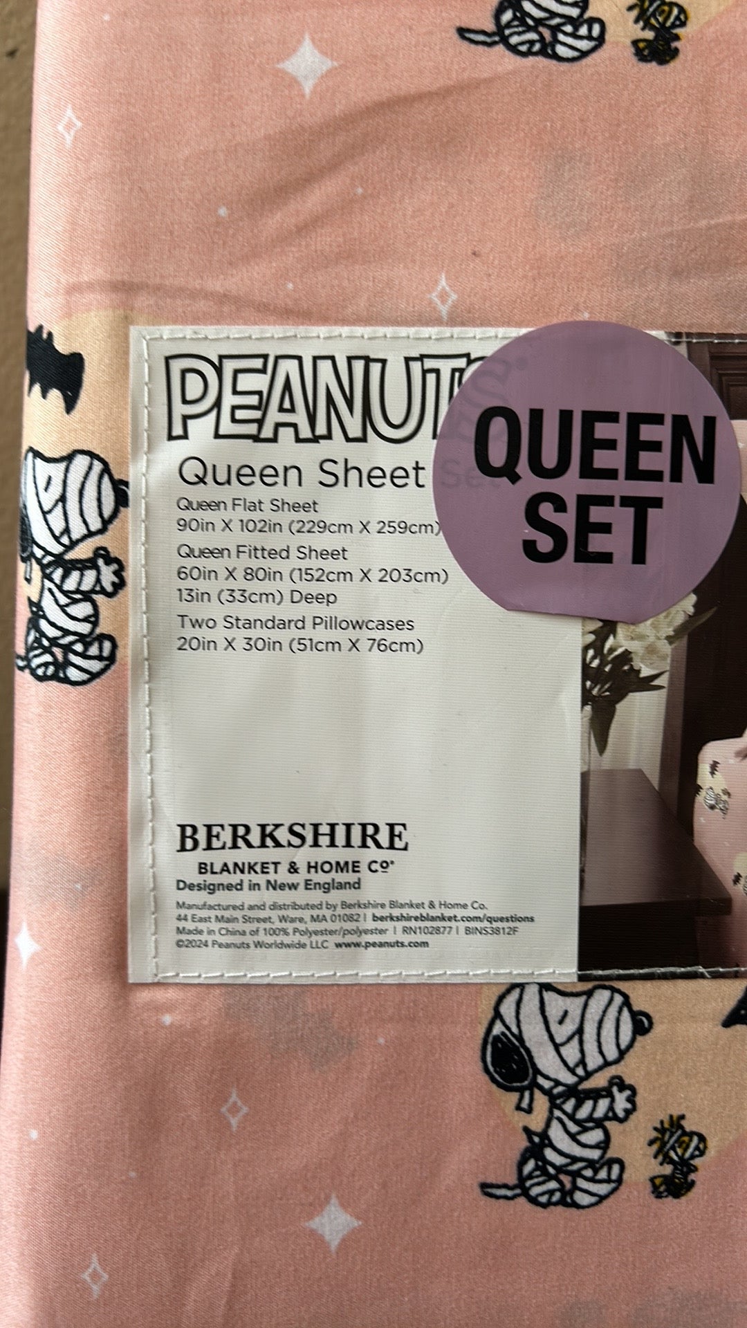 New Peanuts Mummy Snoopy Bats Spooky Halloween Queen Size Sheet Set Pink Moon