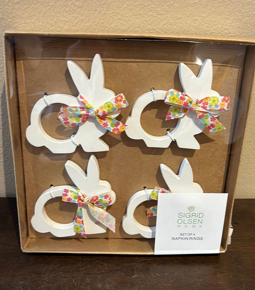4pc Set Sigrid Olsen Easter White Bunny Rabbit Napkin Rings With Colorful Bow