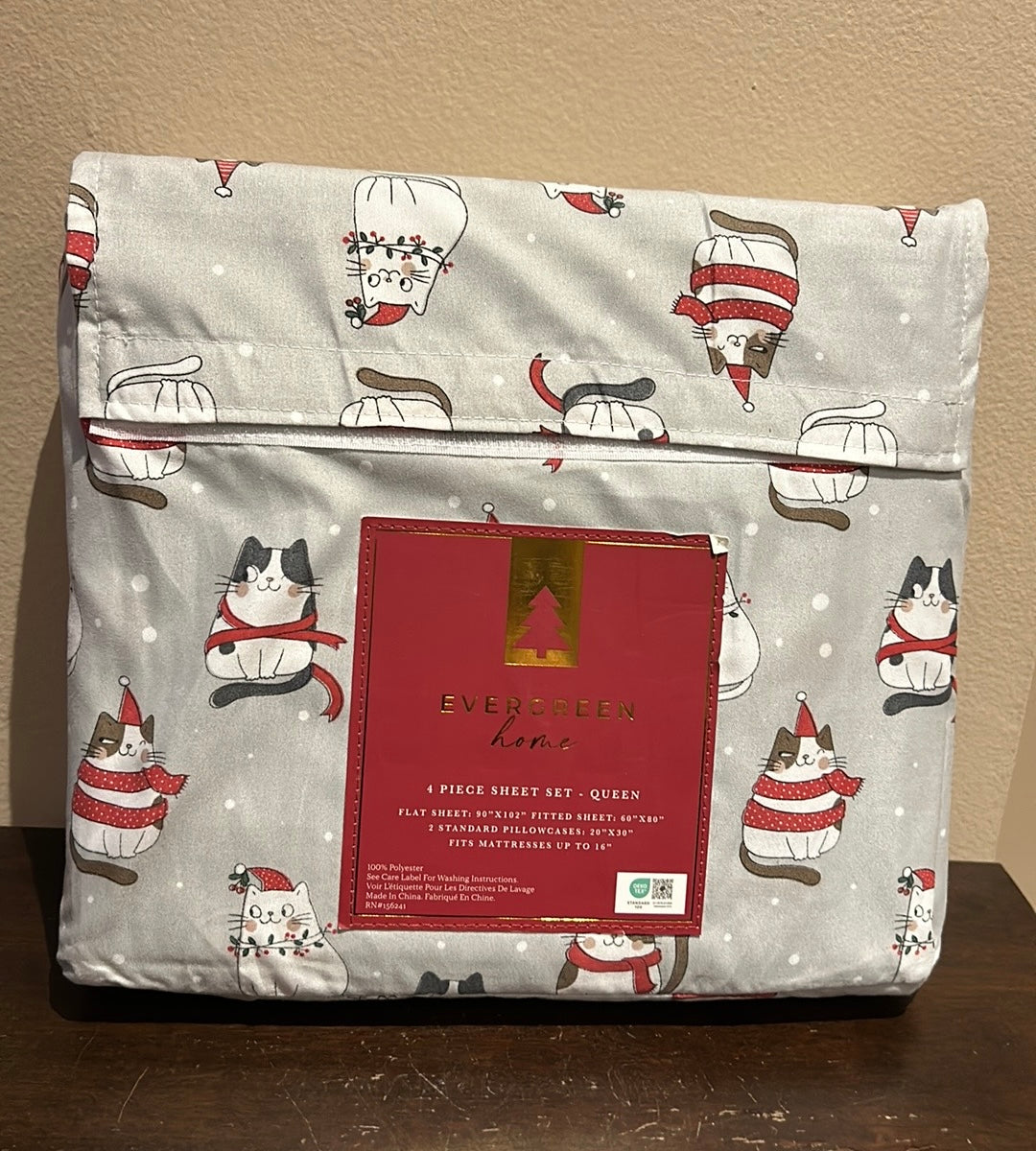 Evergreen Home Queen Sheet Set Holiday 4 Pc Christmas Cats New