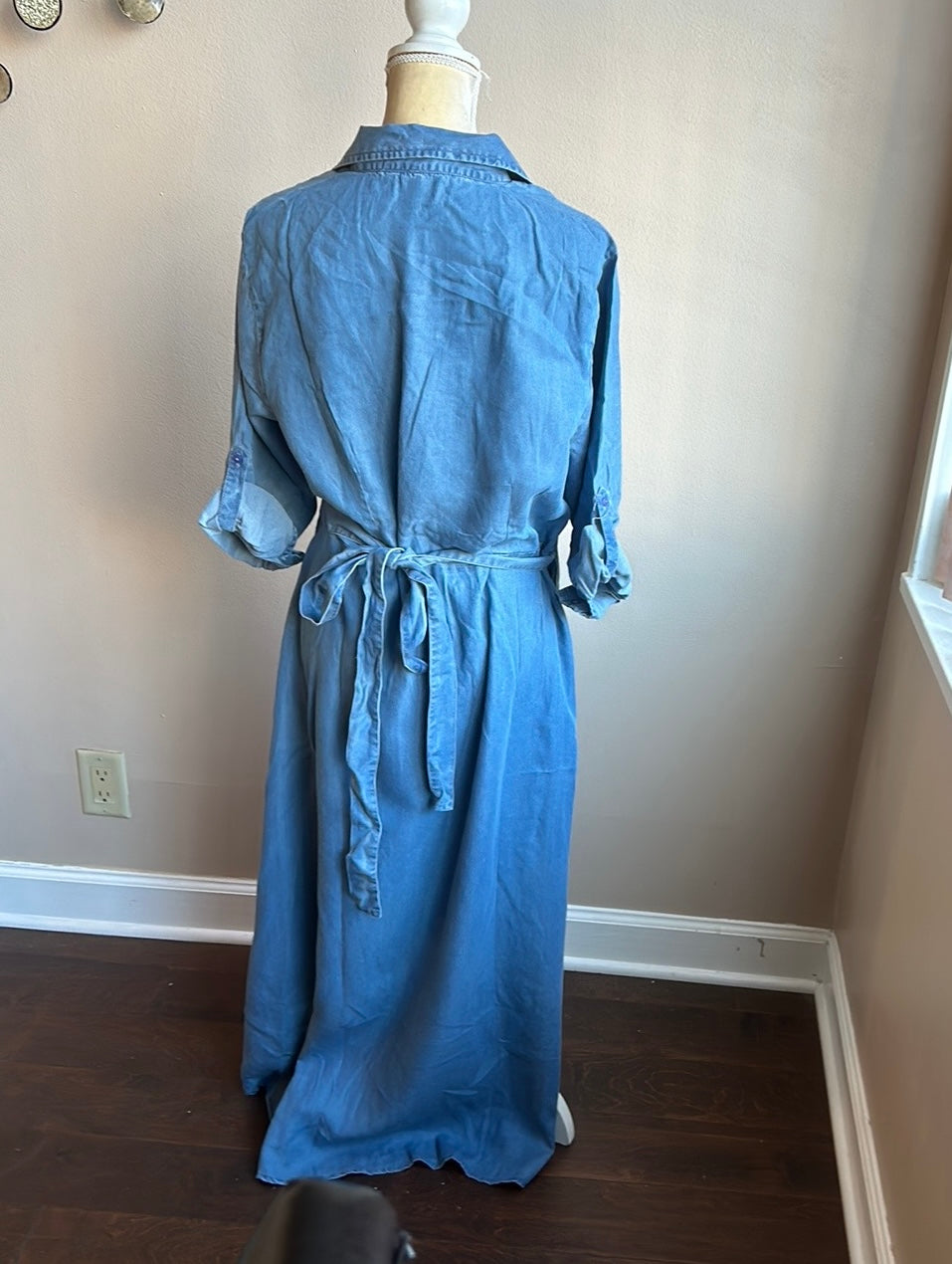 New Womens Plus Sz 2X Stone Washed Wrap Maxi Denim Dress Rolled Cuff Sleeve