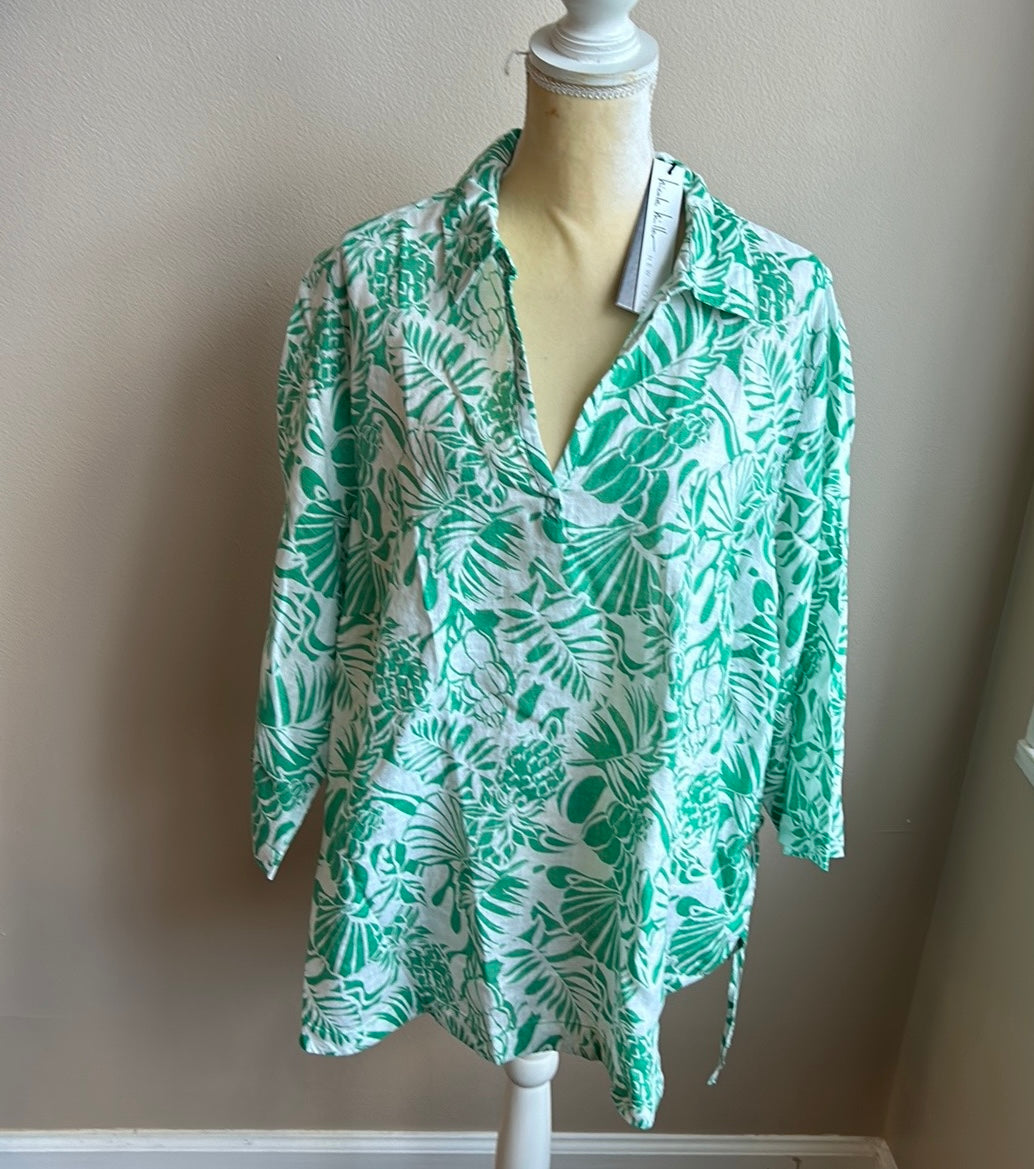 Nicole Miller Women Plu Linen Blouse Top Sleeve Leaf Print Nwt