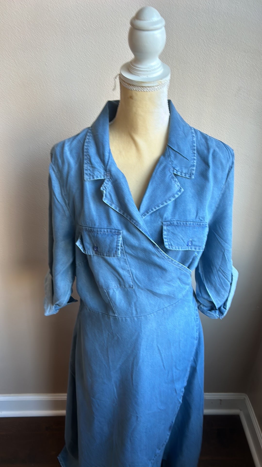 New Womens Plus Sz 2X Stone Washed Wrap Maxi Denim Dress Rolled Cuff Sleeve