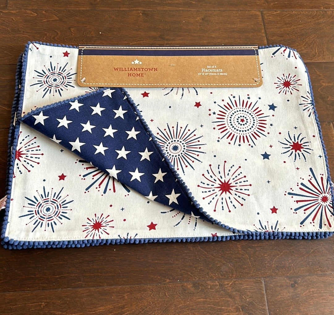 4 Williamstown Home Red White Blue Placemats Americana Fireworks Reversible