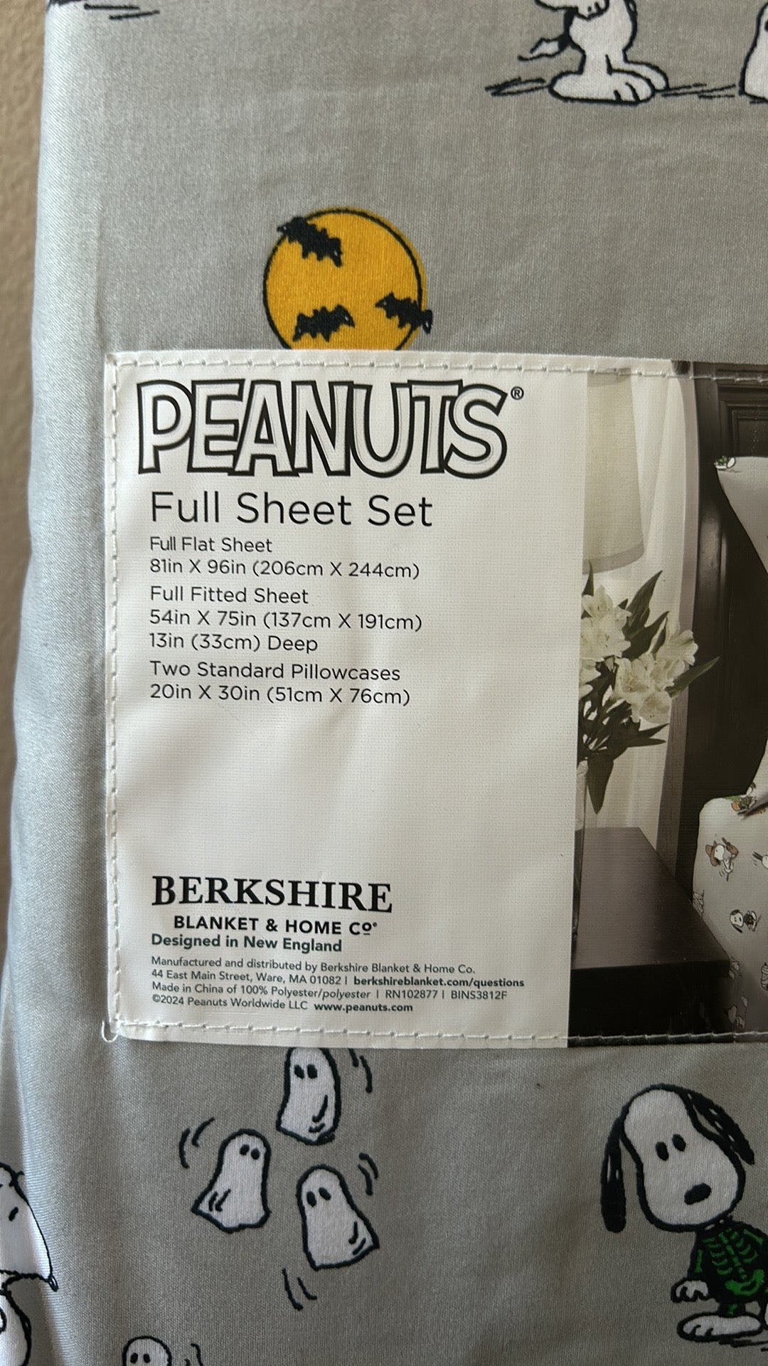 New Peanuts Mummy Snoopy Bats Spooky Halloween Full Size Sheet Set Gray