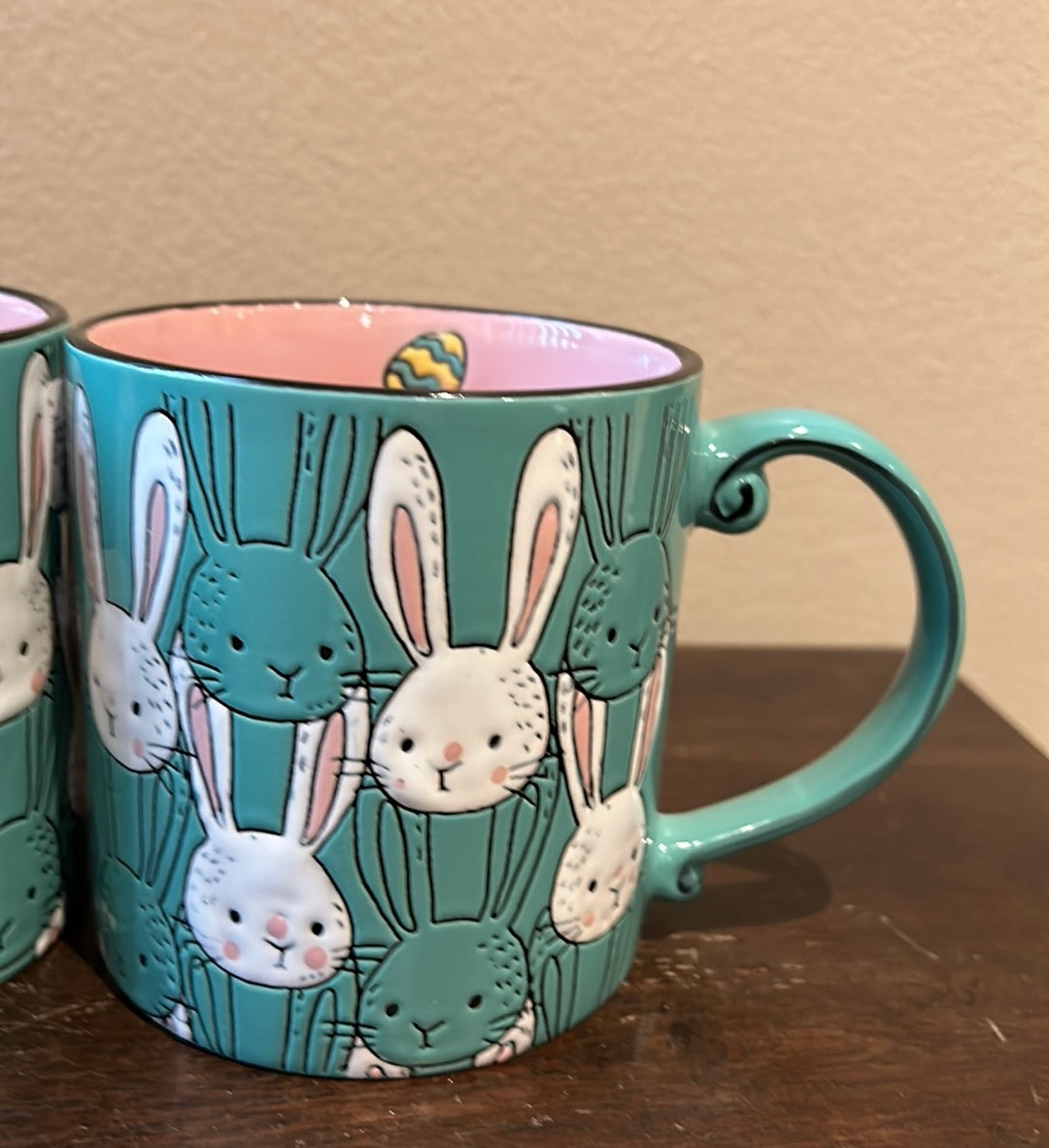 Eli & Ana Set of 2 Coffee Mugs Easter Bunny Teal Pink Ceramic New