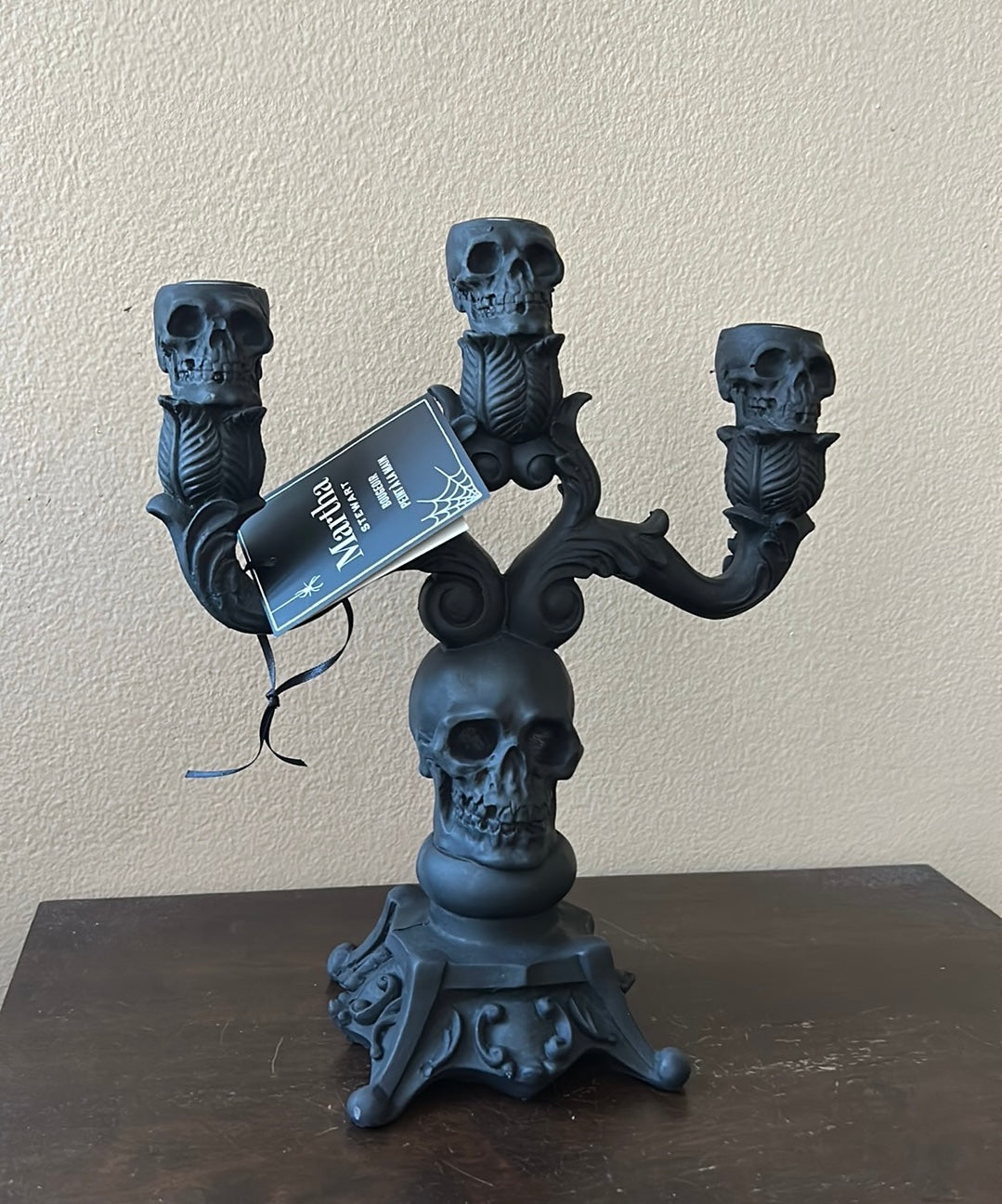 Martha Stewart Halloween Skull Candelabra Silvertone 3 Arm Taper Candle Holder