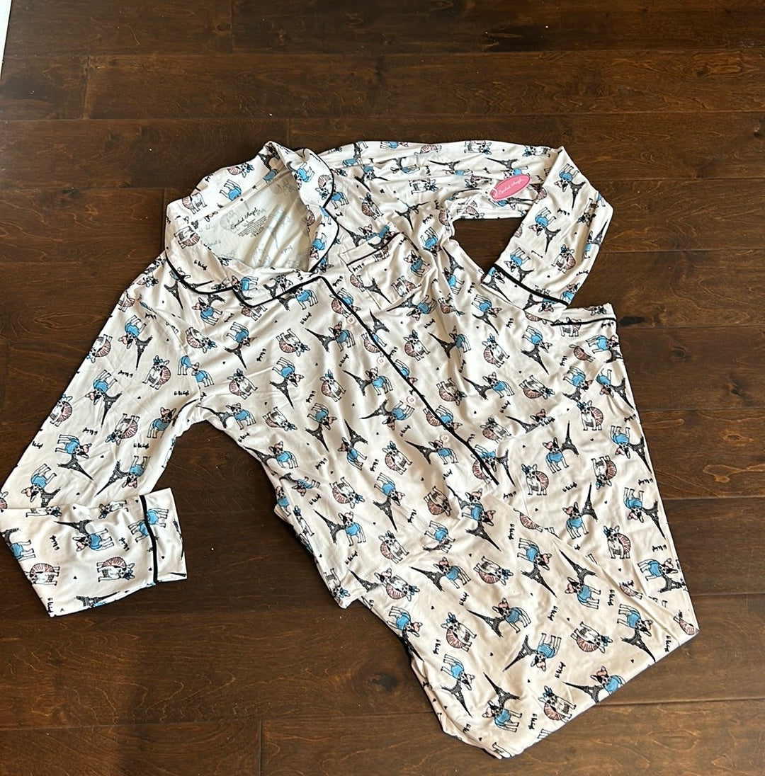 2 Pc Womens Pajama Set Pug Dog New Paris France Eiffel Tower Sz L