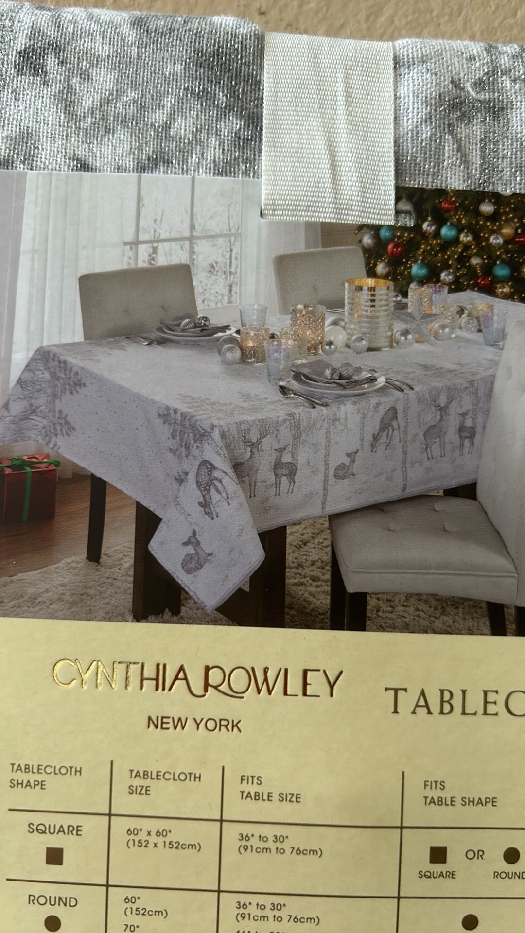 Cynthia Rowley Christmas Tablecloth Oblong Stag Deer Silver Gray New