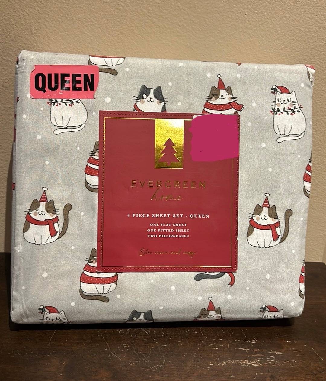Evergreen Home Queen Sheet Set Holiday 4 Pc Christmas Cats New