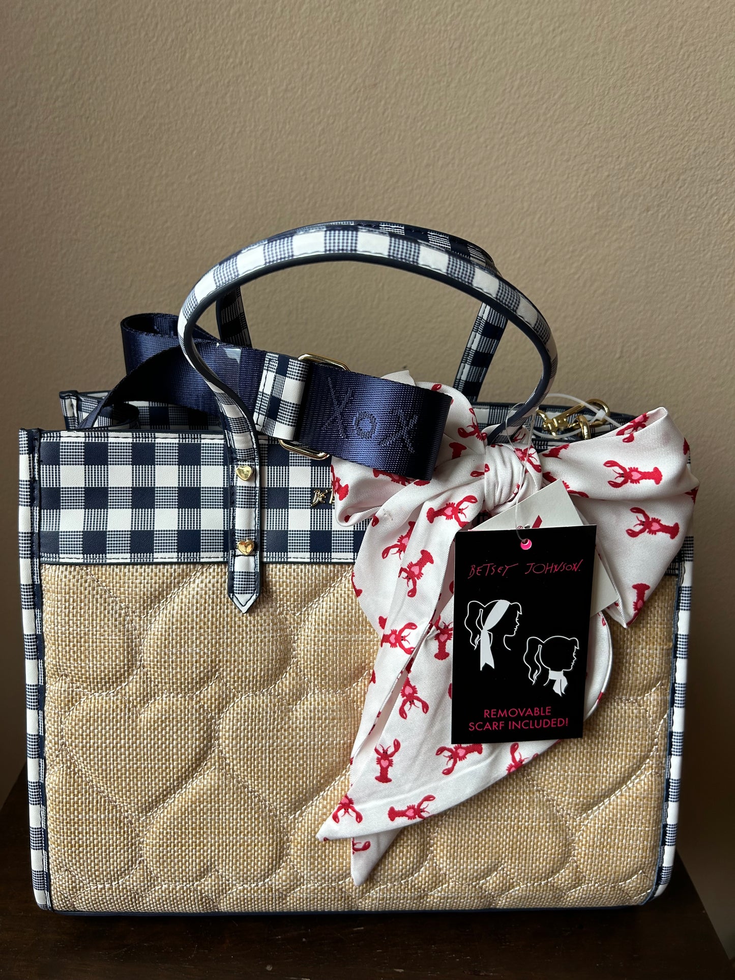 Betsey Johnson Quilted Heart Satchel Handbag Gingham Trim Lobster Scarf New