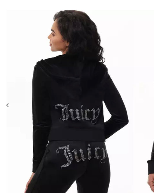 NWT JUICY COUTURE Velour Bling Tracksuit Hoodie/Pants Black Sz L