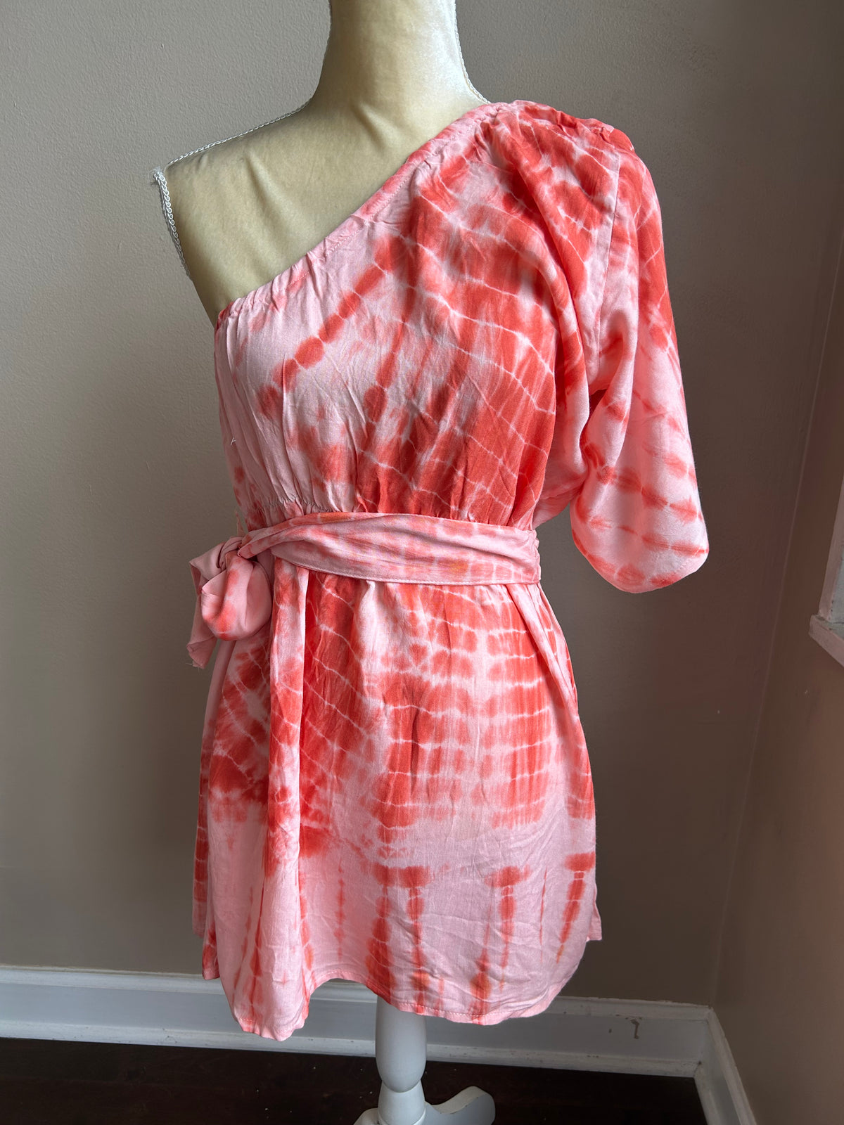 New Womens Tye Dye Dress Sz L Orange One Shoulder With Belt (GSC)