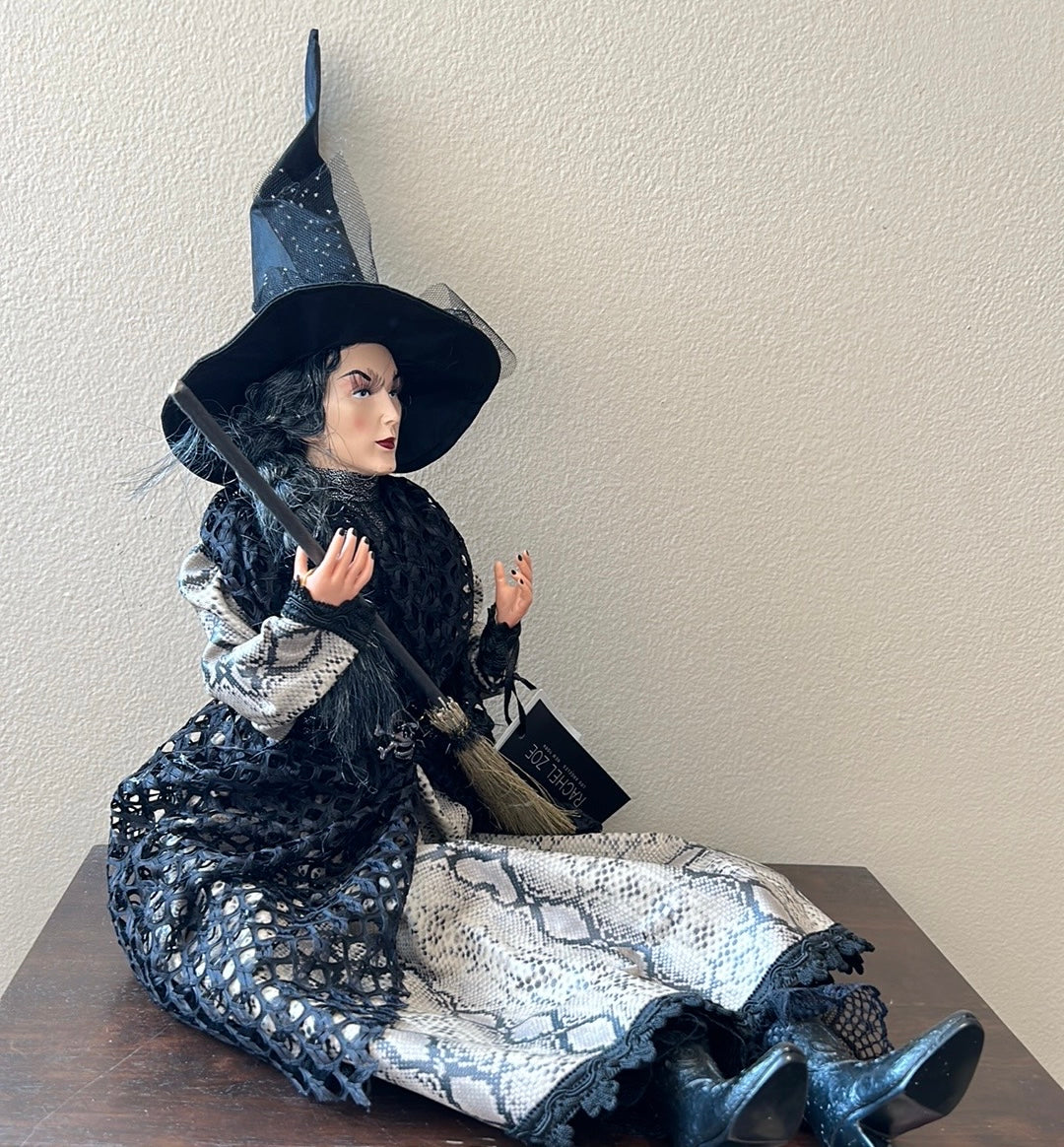 Halloween Witch Doll w/Skull Black Lace Faux Snake Skin Dress 25" Shelf Sitter