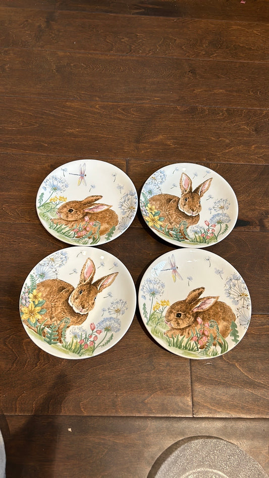 Set Of 4 Easter Bunny Spring Appetizer / Dessert Plates Floral New