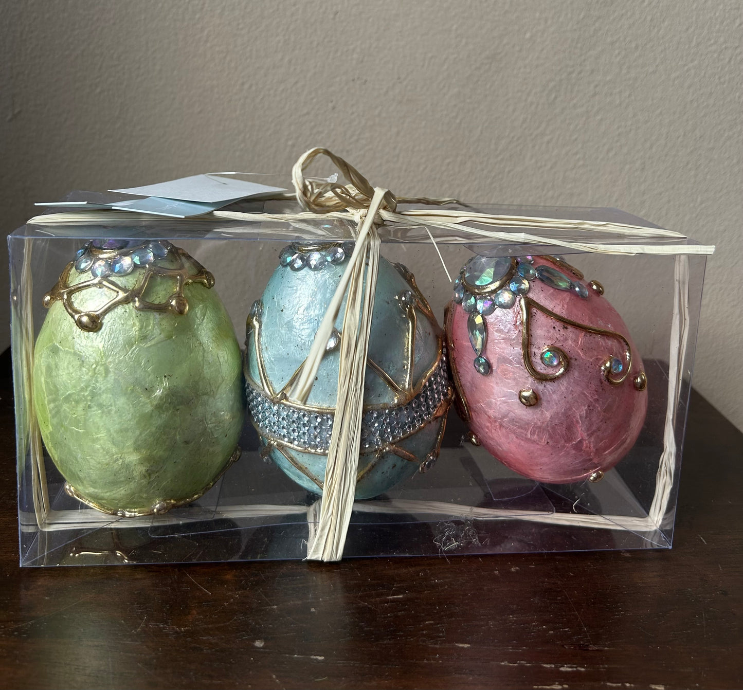 Easter Embellished EGG Jewel Capiz Egg Tabletop 5" Set of 3 Pastel Colors