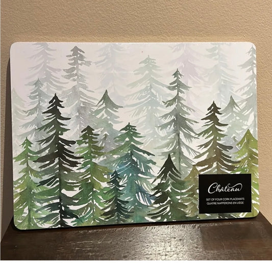 Set of 4 Placemats Evergreen Christmas Trees Colorful  Cork