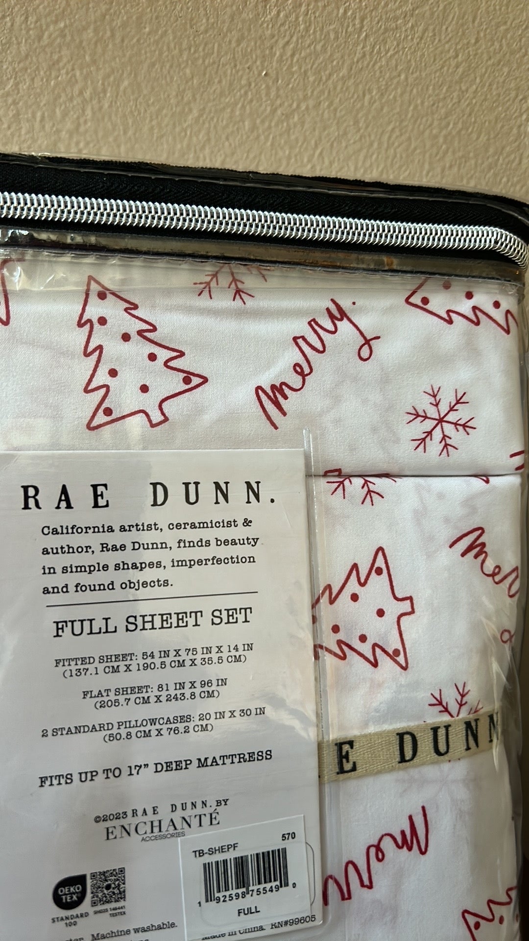 NEW Rae Dunn Merry Full Sheet Set 4 Pc Set Christmas Tree Bed Sheets Red White