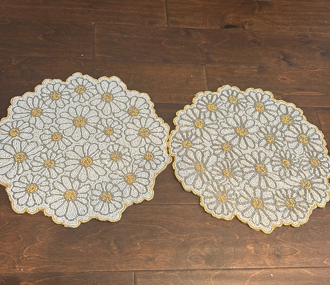 Nicole Miller Set Of 2 Beaded Chargers Floral New Spring Summer Yellow Scalloped