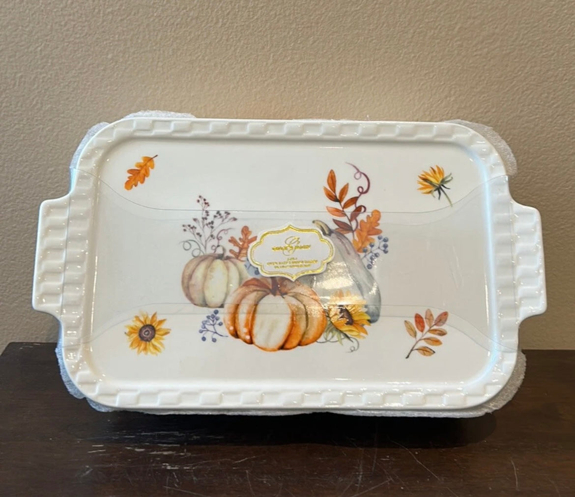 Grace Pantry Pumpkins Rectangular Porcelain Casserole Baking Dish & Lid New