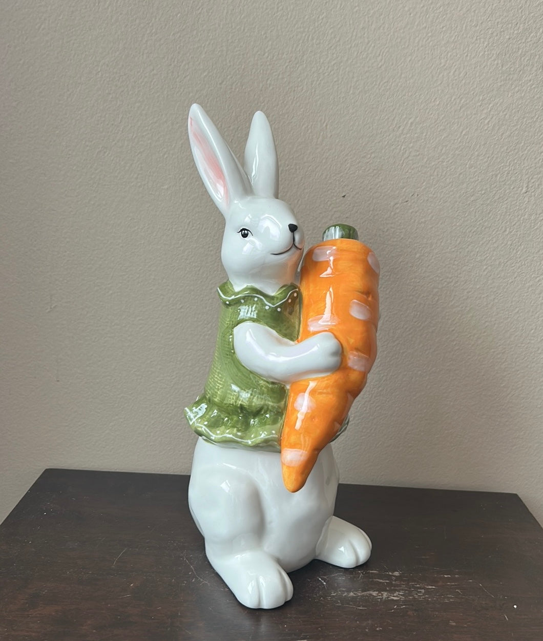 New Ceramic Bunny Rabbit Holding Carrot Easter Figurine Spring Decor 12”